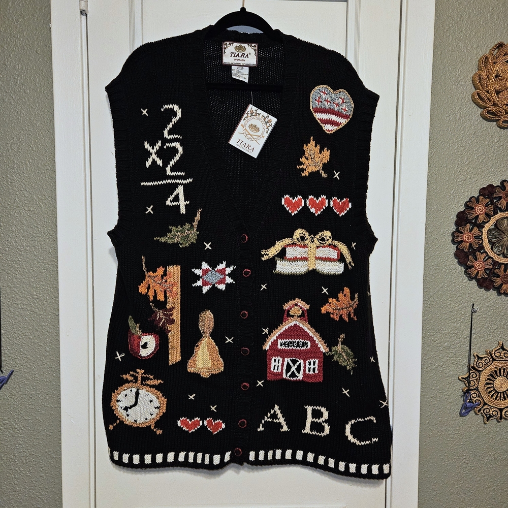 Tiara Black Cardigan with Colorful Patterns Teacher Vest Knitted Size22/24
